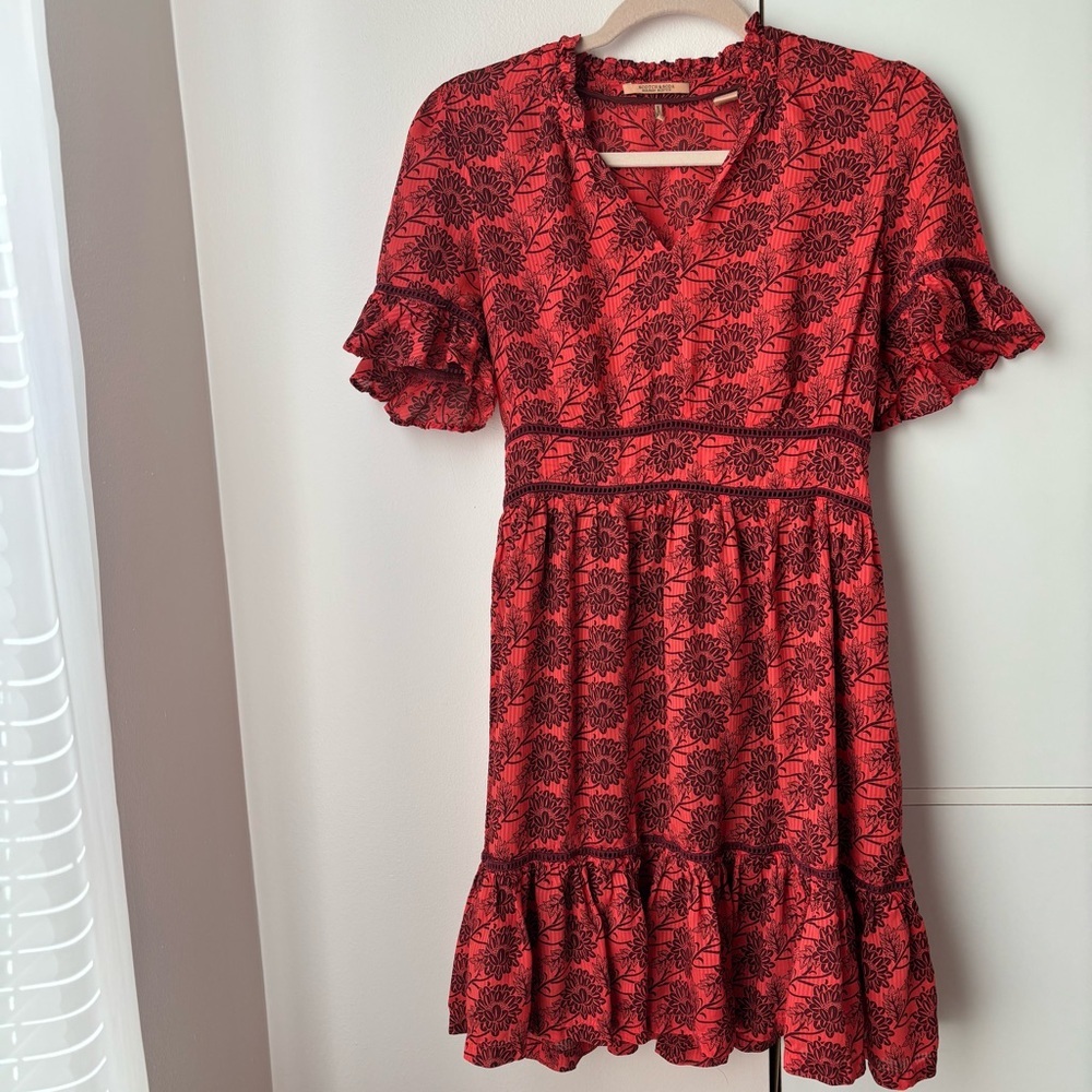 Scotch & Soda Red Floral Print Dress Tiered Ruffle Flutter Sleeve Size S - Picture 2 of 9